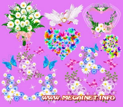 Красивый клипарт PNG - Бабочки, цветы, сердечки и голуби